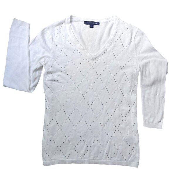 Tommy Hilfiger Gold Studded Argyle White Sweater Logo V-neck Women’s S ACADEMIA - Picture 2 of 12